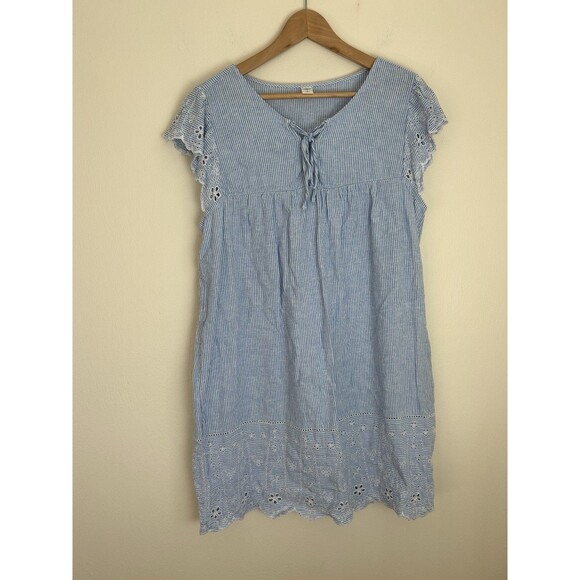 Old Navy Size L Coastal Preppy Dress Stripe Blue Eyelet Floral Shift Mini Linen - Picture 1 of 4